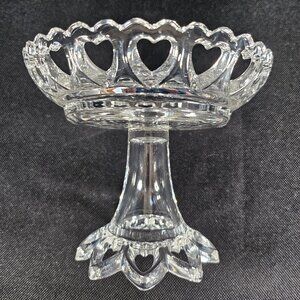Crystal Glass Pedestal Compote With Heart Cut Out Design Valentine's Glassware